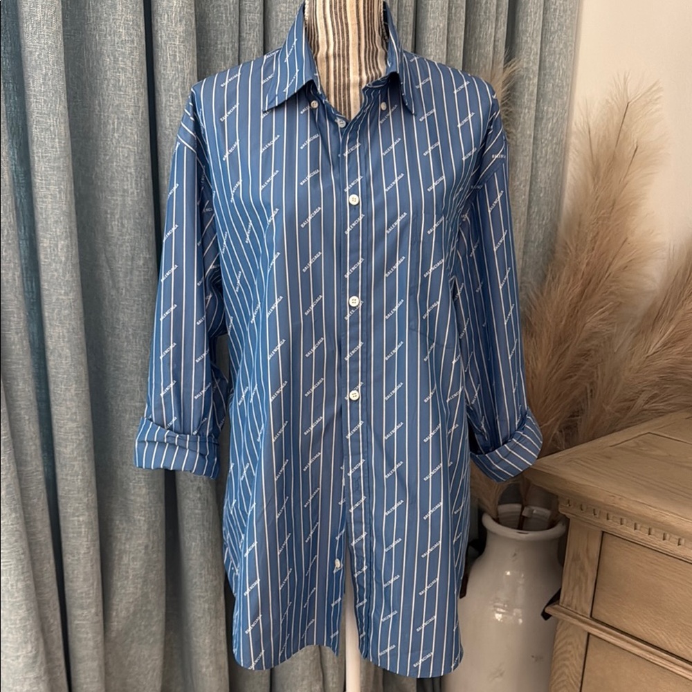 Balenciaga Blue and White Striped Casual Shirt